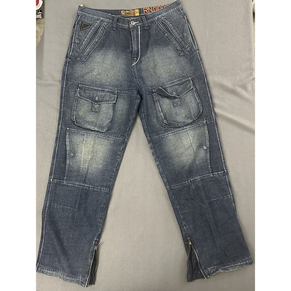 Vintage Akademiks Y2K Baggy Cargo Pocket Blue Jeans Mens Size 34x31
